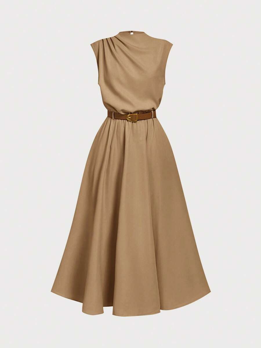 SHEIN MOD Women's Solid Color Sleeveless Dress (With Belt), Back To School Season,Elegant Dresses For Women, Khaki Dress Women