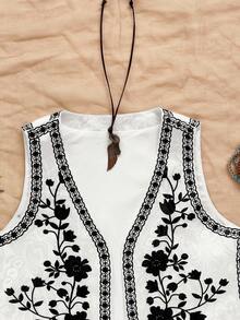 Soleia Women's Spring/Summer Open Front Embroidered Casual Top Jacket, Party, Boho Top Floral Top Embroidered Top Summer Top Boho Summer Tops - Black and White - View 6