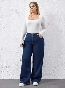 SHEIN Cottnline سراويل جينز قطن 100% واسعة الساق مقاسات كبيرة للنساء - أزرق داكن - مشاهدة 3