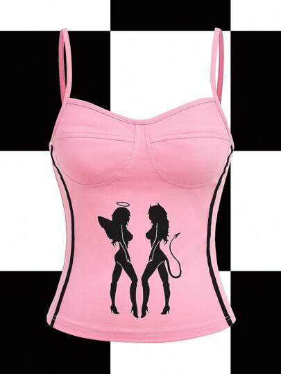 Y2Kool BiGraphic Top de tirantes ajustado para mujer, estilo Y2K, con bloques de color, sexy, silueta femenina, ángel, diablo, bombshell, casual, ropa de calle, adecuado para verano, otoño, vacaciones, reuniones, fiestas, uso diario, color rosa