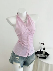 Elamini Áo sơ mi kẻ sọc dệt mỏng cổ đứng không tay đơn giản cho nữ - Hồng - Xem 5