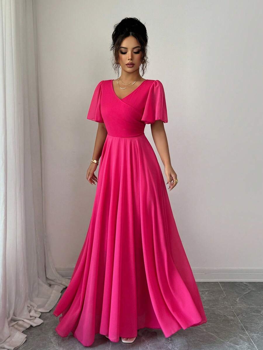 Selianne Ruffled Sleeve Waist Cinched V-Neck A-Line Minimalist Elegant Romantic Sophisticated Women Dress - Hot Pink - View 1