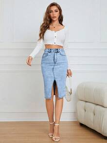 SHEIN Privé 夏季休闲水洗开衩修身牛仔迷你裙 - 淺色水洗藍 - 查看 4