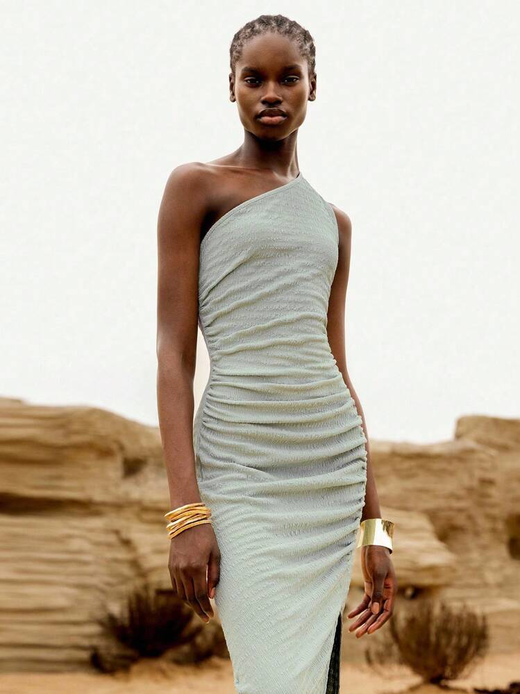 sage green one sleeve ruched woven bodycon dress SHEIN BAE One Shoulder Ruched Mesh Bodycon Dress,Sage Green Dress