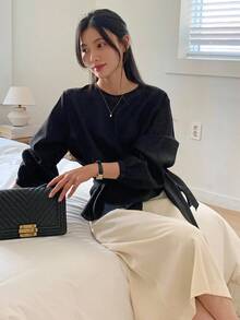 DAZY 女式系腰宽松套头长袖衬衫秋季上衣 - 黑色 - 查看 7