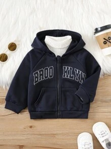 SHEIN 柔软舒适休闲百搭日常时尚刺绣拉链连帽夹克运动衫，适合男婴、女婴和幼儿，适合室内、户外、日常、运动、玩耍、派对、拍照、节日、万圣节、圣诞节 - 藏蓝色 - 查看 3