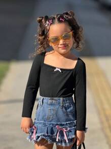 SHEIN Young Girl Solid Color Ruffle Collar Bowknot Fitted Long Sleeve Cropped Casual Elegant T-Shirt, Black, Sweet & Cool Girl, Personalized Sweet, School Style, Back To School Season Kids Black Top Girls Black Top Fall Winter - Black - View 4