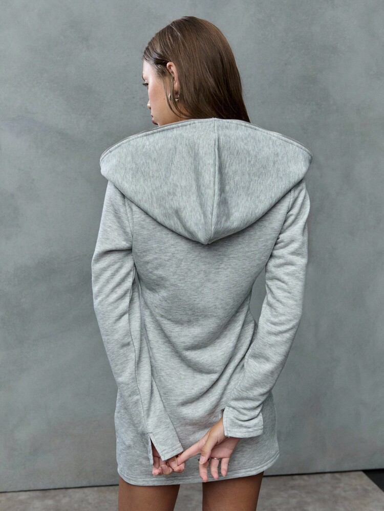 SHEIN Unity Gaun Hoodie Resleting Penuh, Bahan Fleece Abu-abu Muda Lembut, Gaya Kasual Musim Gugur, Sempurna untuk Sekolah dan Kembali ke Sekolah, Pakaian Lapisan Gaya Jalanan yang Nyaman dan Santai - Grey - View 2