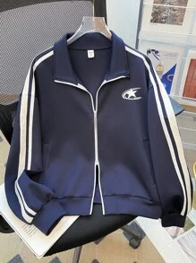 SHEIN Mädchen Zip-Up Jacke aus luftigem gestricktem Material mit Streifenbesatz, Kragen, dickem Stoff, Schulanfang Look, Herbst/Winter
