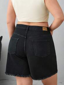 EURMUSE 100%纯棉原色下摆细节黑色大码迷你短裤 - 黑色 - 查看 2