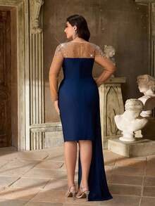 Aureia Plus Size Elegant Minimalist Blue Mesh Sheer Long Sleeve Luxurious 3D Rhinestone Pleated Front Draped Asymmetric Hem Dress, Suitable For All Formal Occasions, Galas, Ceremonies - Blue - View 3