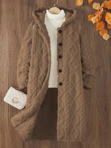 SHEIN 青少年女孩休闲宽松单排扣连帽蓬松夹克，长袖