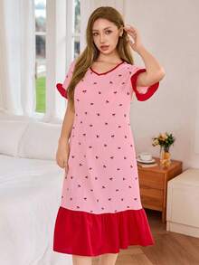 Dream Adore 撞色荷叶边下摆花卉印花V领短袖睡袍女式睡衣裙女士睡衣女式睡裙睡衣女式睡衣裙樱桃印花睡袍 - 粉色 - 查看 6