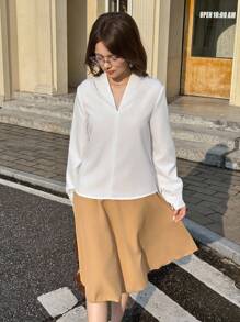 SHEIN Teen Girl Elegant Loose Fit V-Neck Long Sleeve White Blouse, Suitable For Commuting And Daily Wear - White - View 3