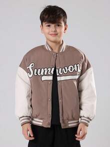SUMWON Youth Varsity Bomber Jacket With Script Logo Design Casual Baseball Style Outerwear Fall Winter School Fashion With Text - Brown - View 1