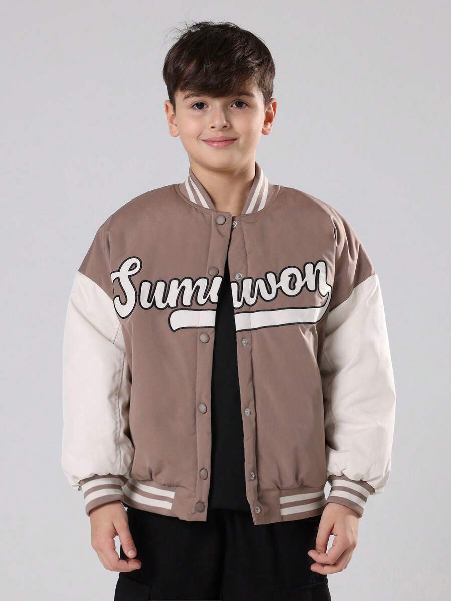 SUMWON Youth Varsity Bomber Jacket With Script Logo Design Casual Baseball Style Outerwear Fall Winter School Fashion With Text - Brown - View 1