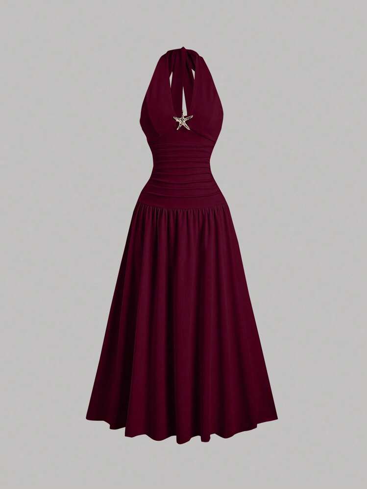 Sweetra Women's Summer European And American Fashion Fitted Pleated Low Neck Metal Decor Halter Tie Maxi Swing Dress, Casual Vacation - Burgundy - View 1