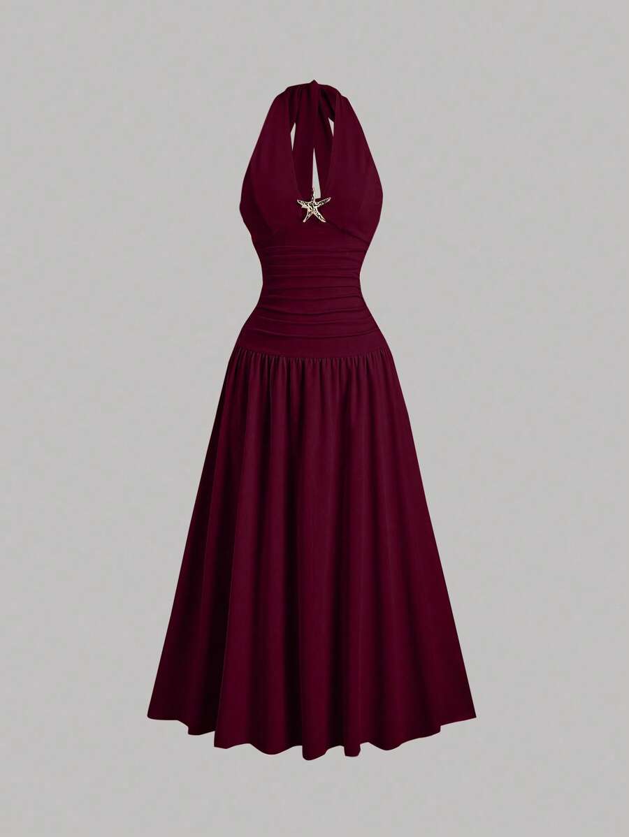 Sweetra Đầm Maxi Xòe Tay Halter Cổ Thấp Phối Ren Thời Trang Châu Âu Và Mỹ Cho Nữ, Phong Cách Mùa Hè, Thường Ngày, Kỳ Nghỉ - Màu Đỏ Sâu - Xem 1