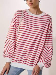 Airaco Casual Versatile Striped Contrast Color Sweatshirt, Autumn/Winter Pullover Fall - Red and White - View 3