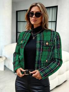 SHEIN Clasi 秋冬休闲时尚街头通勤百搭长袖女士大衣 - 綠色 - 查看 3