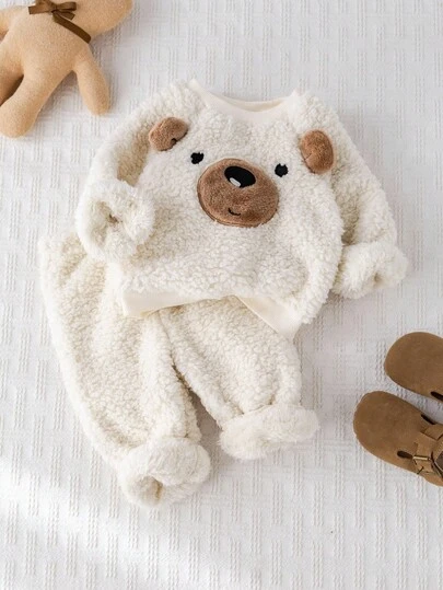 Cozy Pixies 2 piezas Conjunto de niño bebé con capucha de manga larga con decoración de orejas de oso de felpa gruesa y pantalones de cintura elástica, cómodo, versátil, de moda casual y estilo básico lindo, adecuado para interior, ocio al aire libre, esquí, vuelta al colegio, uso diario, deportes, juegos, fiestas en otoño/invierno