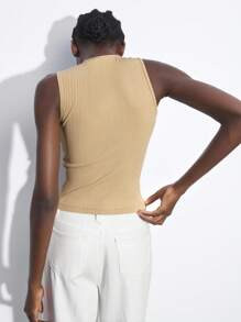 Maija Modern Urban Asymmetric Collar Twisted Knot Textured Striped Sleeveless Cropped Tank Top, Suitable For Music Festivals, Easter Parties,Vacation Outfits - Khaki - View 5