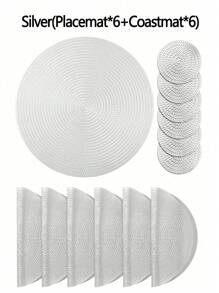 SHEIN 12pcs/Set Silvery Wheat Placemat 15inch Round, PVC Material 3.94inch Round Hollow Cup Coaster, Washable, Easy To Clean, Wipe, Anti-Slip, Heat Resistant, For Room Decor, Dining Tabl