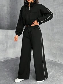 EURMUSE Women's Solid Casual Good Quality Drawstring Two Pieces Set - Black - View 6