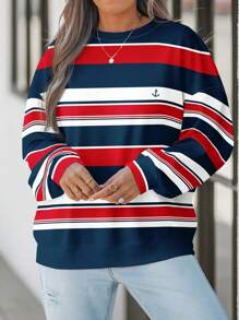 EMERY ROSE Hanorac de damă cu mânecă lungă, lejer, cu stil vacanță, pentru Ziua Mamei, cu imprimeu minimalist, color block, roșu, albastru, alb, cu dungi, guler rotund