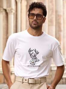 Mainfolk Men's Casual Loose Fit Round Neck Short Sleeve T-Shirt With Geometric Deer Embroidery, Graphic Tee - White - View 2