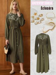 Écloséra فستان مطرز بطراز فرنسي قديم ذو تنورة مفرقعة، فستان كاجوال بأكمام طويلة ولون أحادي للنساء، للربيع/الخريف - أخضر عسكري - مشاهدة 5