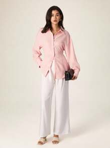 Graceveil قميص نسائي بتصميم خصر مربوط بالدانتيل وأكمام طويلة ضيق المقاس باللون الوردي - وردي - مشاهدة 4