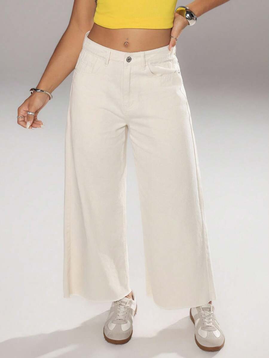 Flirla Jeans de pierna ancha de unicolor versátil y casual - Albaricoque - Ver 1
