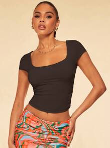 SHEIN BAE Square Neck Ruched Side Crop Tee - Chocolate Brown - View 5