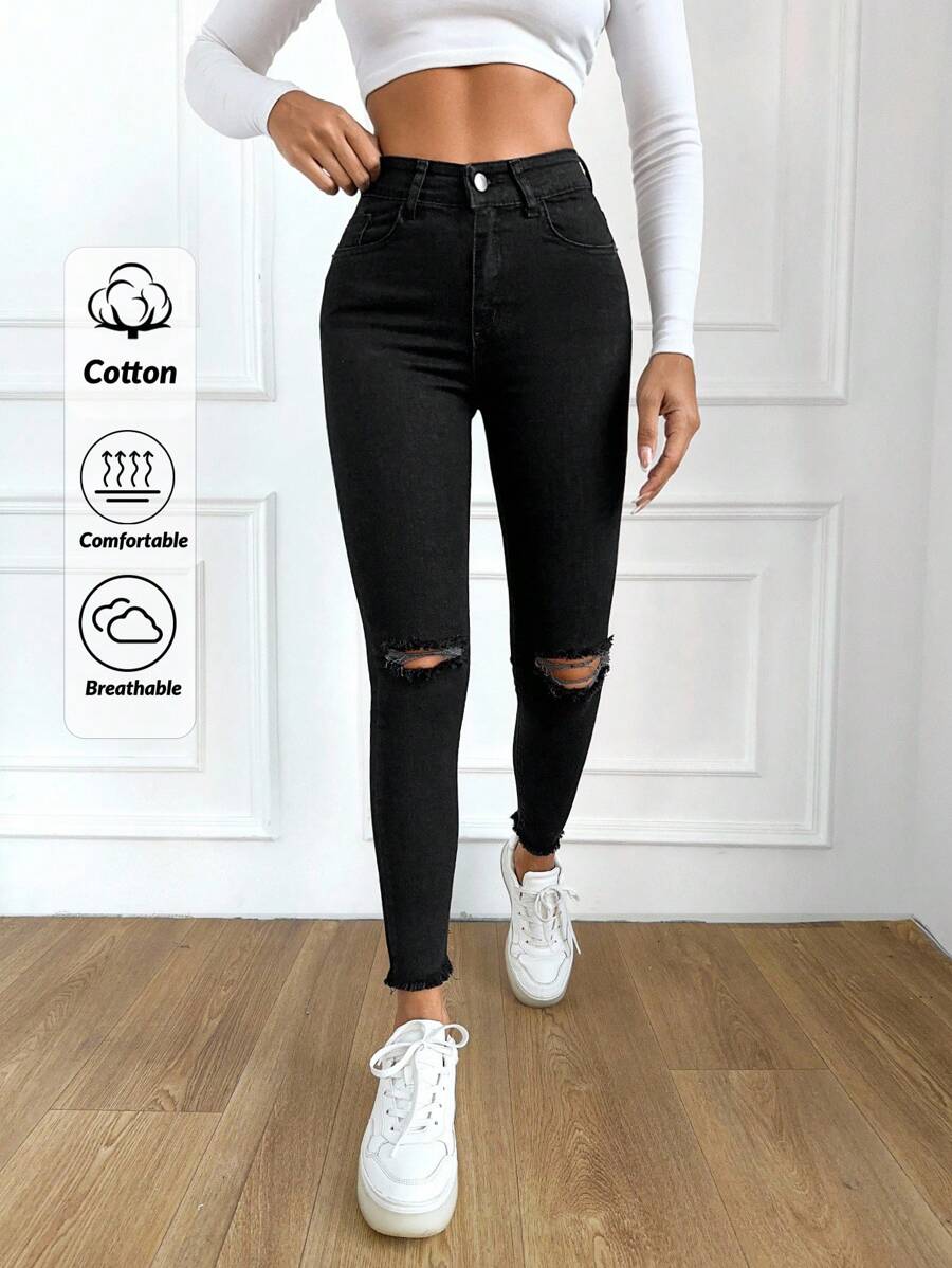 EURMUSE 97% Cotton High Waist Ripped Skinny Jeans - Black - View 1