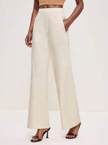 BizChic Quần ống rộng màu be túi bên hông thời trang thu đông 2025 dành cho nữ, sang trọng và thanh lịch cho trang phục thường ngày ở thành thị, công sở, hẹn hò, tiệc tùng, đi chơi, sân bay, lễ hội nhạc đồng quê lãng mạn, phong cách Hàn Quốc cổ điển, sân bay, khách dự tiệc cưới, sinh nhật, halloween, giáng sinh - Màu Khaki - Xem 5