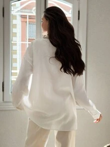EURMUSE Shirt With Plain Drop Shoulder Button At Front - White - View 2