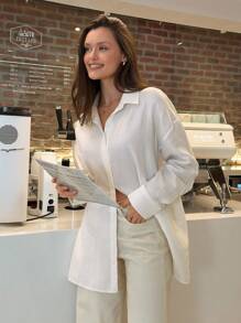 EURMUSE Shirt With Plain Drop Shoulder Button At Front - White - View 6