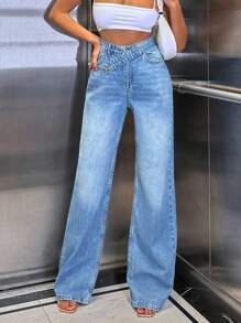 EURMUSE 100% Cotton High Waist Asymmetric Belt Wideleg Jean - Medium Wash - View 9