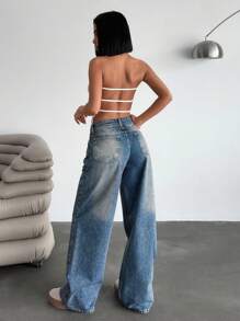 EURMUSE Low Waist Y2K Wide Leg Jeans, Minimalist & Fashionable, Suitable For Summer Women's Outfits Work Outfits For Women Women's Summer Tops Women's Spring Tops Women Summer Clothing Women Clothing Y2k Women's Summer Clothes Women Summer Sets - Dark Wash - View 2