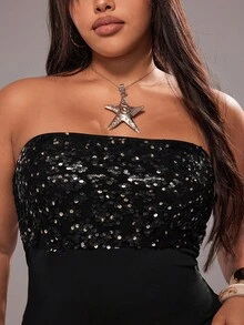 Rustia Plus Size Sexy Backless Sequin Knit Elastic Fitted Crop Top For Women, Summer - Black - View 3