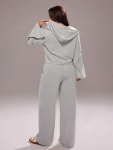 Rustia Plus Size Casual 2 Pieces Set: Long Sleeve Zip-Up Hoodie And Drawstring Pants Fall Cloth For Women CASUAL - Light Grey - View 2