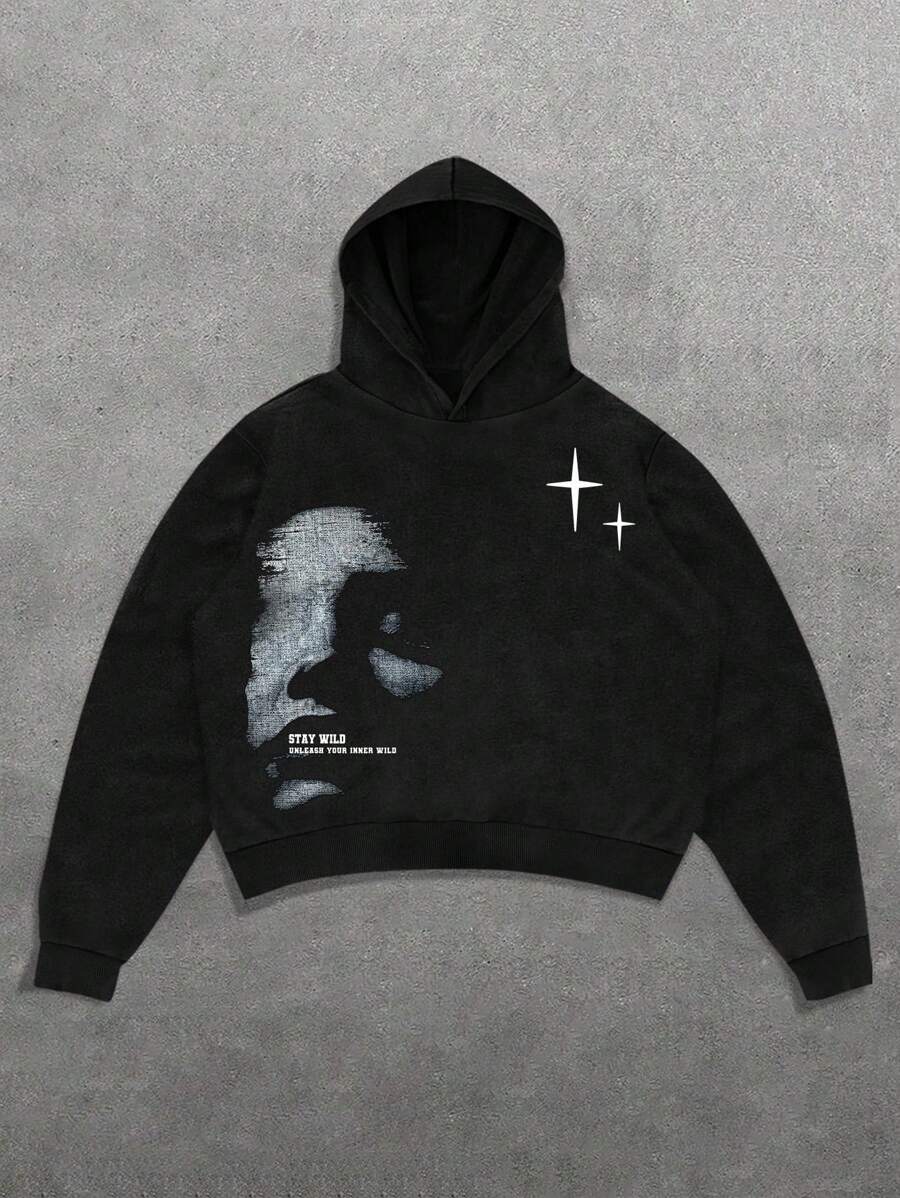 GENIUS ODE Manfinity Streetrush Men's Face & Letter Print Hoodie, Casual Minimalist Graphic Streetwear Pullover Sweatshirt, Black, Grunge Hoodie, Goth, Fall/Winter, Long Sleeve Top