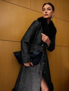 MOTF PREMIUM WOOL CONTRAST FUZZY TRIM BELTED OVERCOAT, AUTUMN/WINTER - Black - View 6