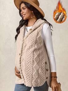 Boho Mama 孕妇休闲纯色无袖连帽开衫，秋冬 - 卡其色 - 查看 3