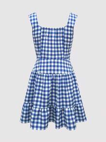 SHEIN Essnce 女式秋季格子纽扣装饰方领无袖休闲迷你连衣裙 - 藍色 - 查看 2