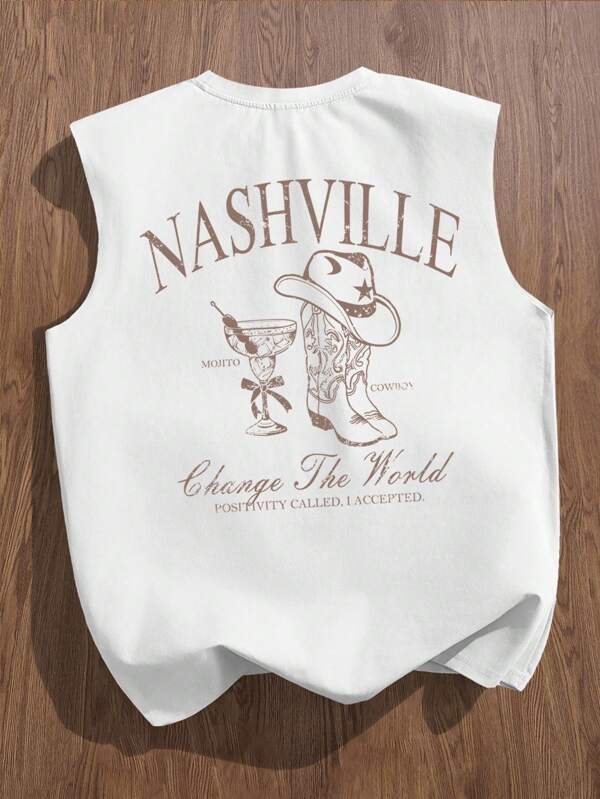 Manfinity Joysei Botas de vaquero del Lejano Oeste, sombrero, camiseta de tirantes blanca estándar para hombre con gráfico de cóctel de mojito