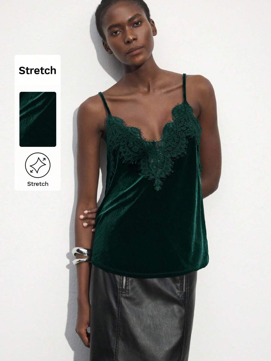 Maija 女士蕾丝拼布天鹅绒黑色吊带背心，适合秋冬季圣诞派对