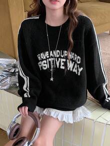 DAZY 女士圆领休闲韩版风格艺术字母撞色长袖毛衣秋季