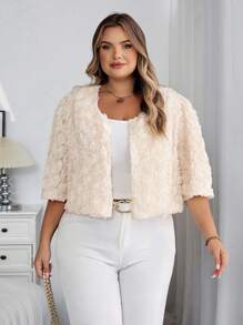 SHEIN CURVE+ Áo khoác mỏng tay ngắn họa tiết hoa hồng 3D cỡ lớn cho nữ, thanh lịch, tối giản, lãng mạn, thời trang, thích hợp cho hẹn hò, tiệc tùng, đi làm, nghỉ dưỡng - Màu be - Xem 3